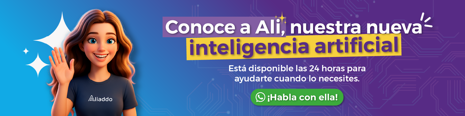 Personaje de Ali, la inteligencia artificial de Aliaddo, saludando con fondo tecnológico.