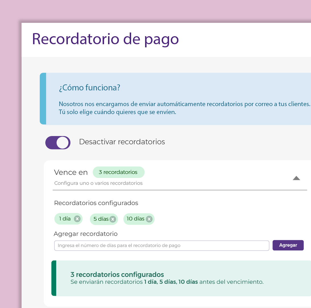 Recordatorios automáticos de pago.