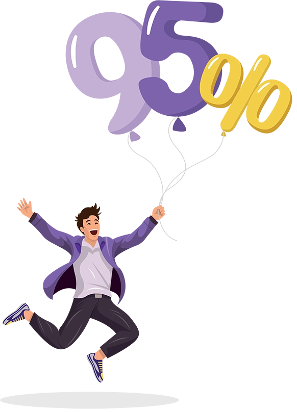 Persona celebrando con globos representando el 95% de satisfacción del cliente.